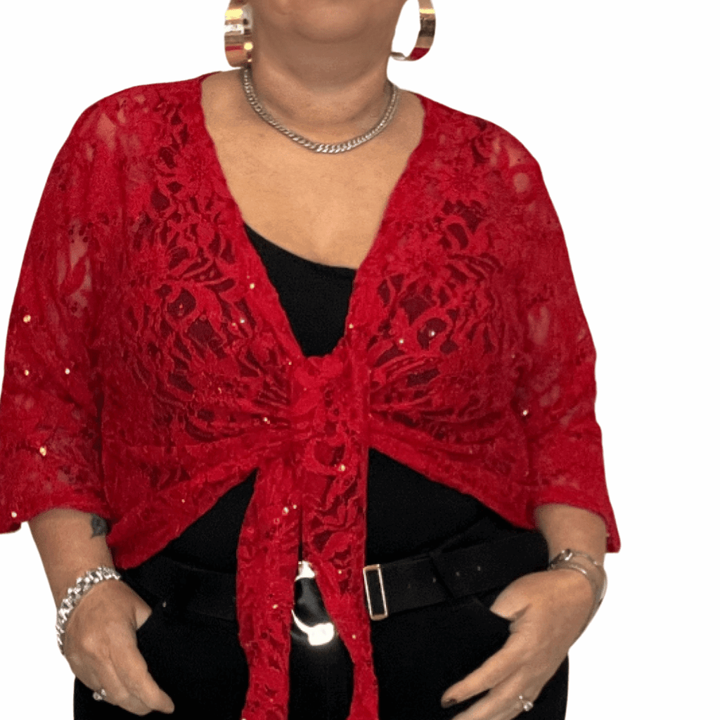ROCKTHOSECURVES SEQUIN LACE 1/2 BELL SLEEVE TIE FRONT SHRUG / BOLERO JACKET - FullFab