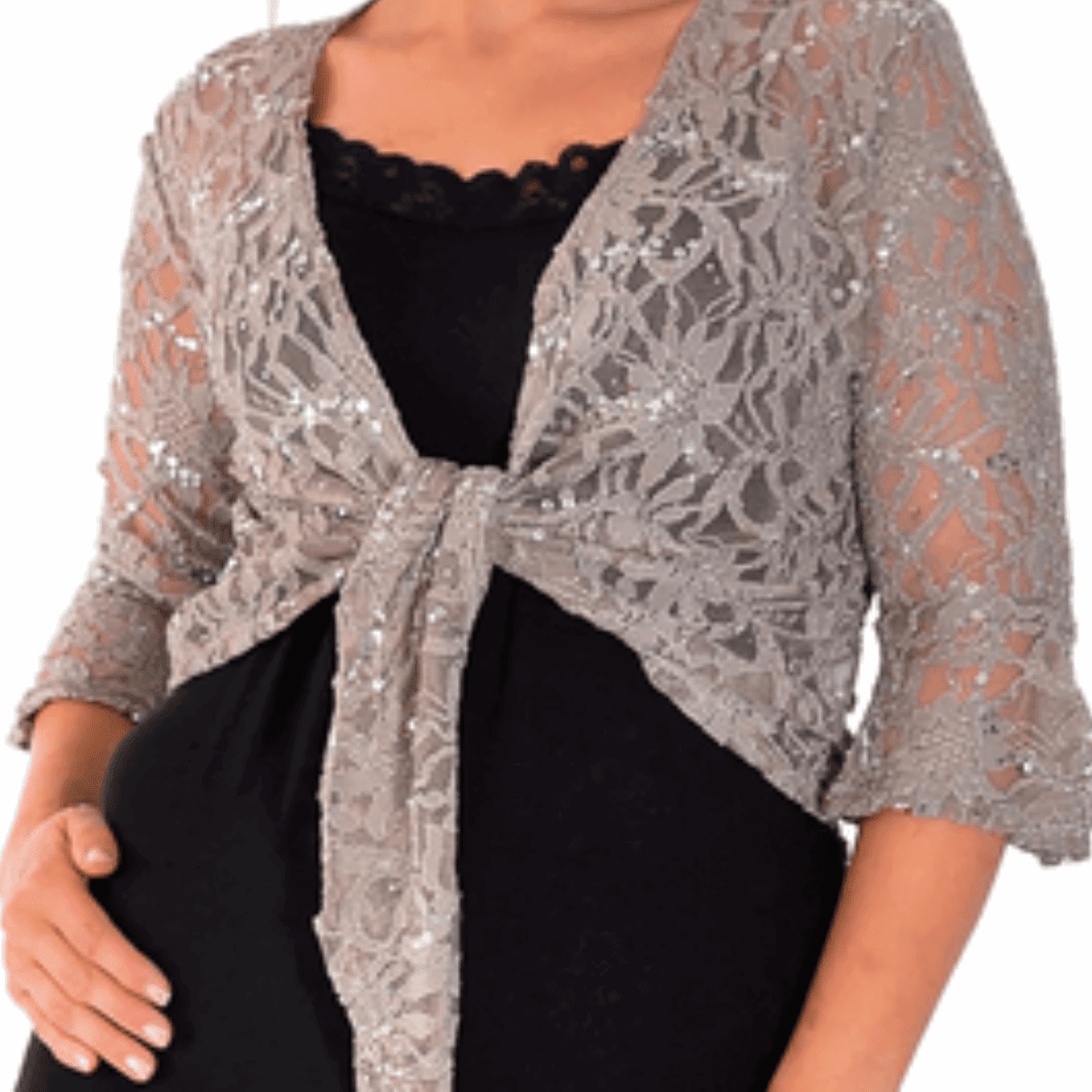ROCKTHOSECURVES SEQUIN LACE 1/2 BELL SLEEVE TIE FRONT SHRUG / BOLERO JACKET - FullFab