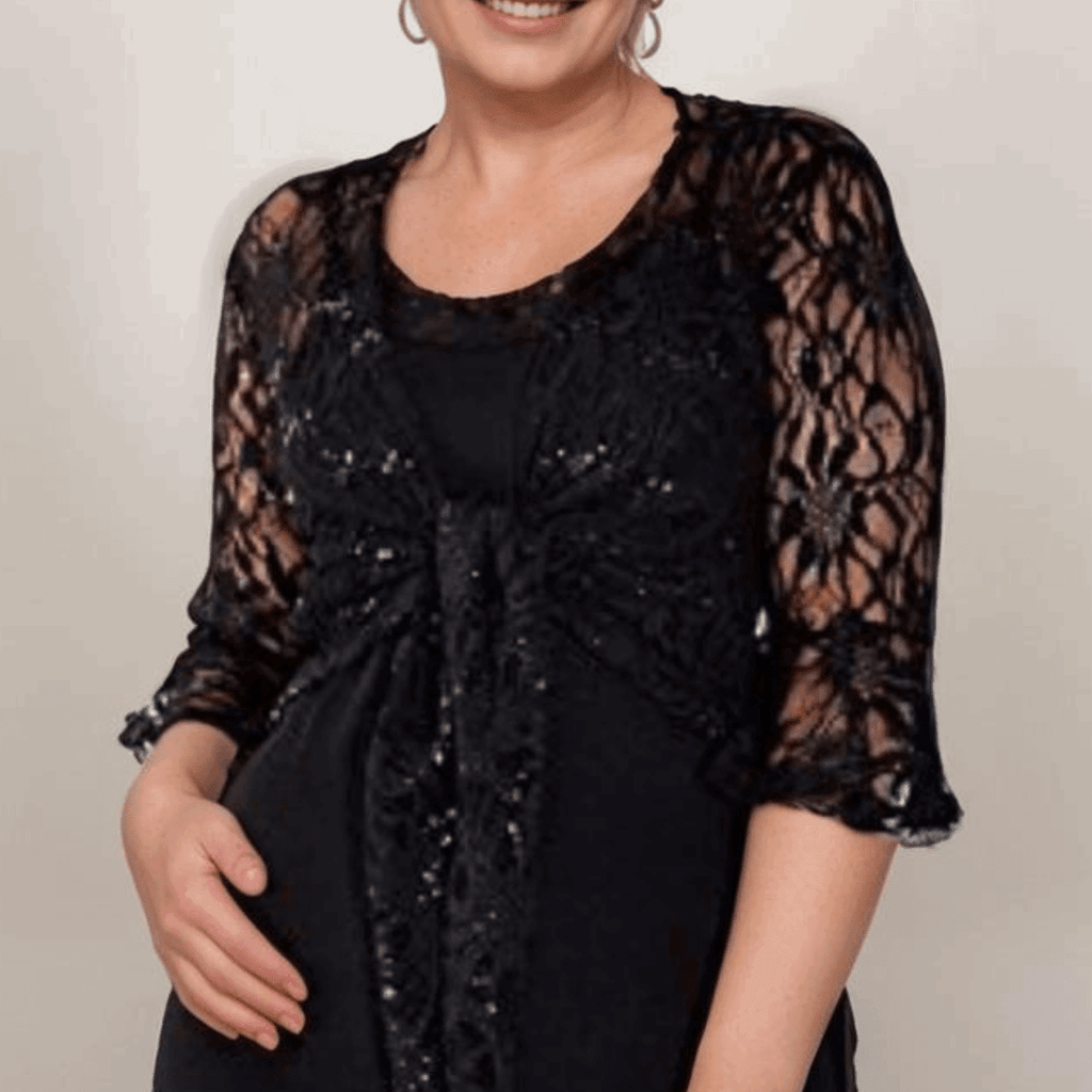 ROCKTHOSECURVES SEQUIN LACE 1/2 BELL SLEEVE TIE FRONT SHRUG / BOLERO JACKET - FullFab