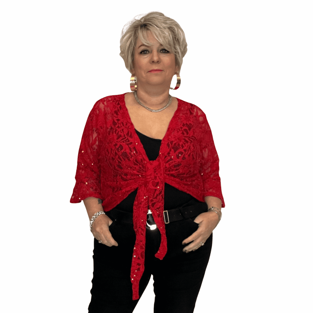 ROCKTHOSECURVES SEQUIN LACE 1/2 BELL SLEEVE TIE FRONT SHRUG / BOLERO JACKET - FullFab