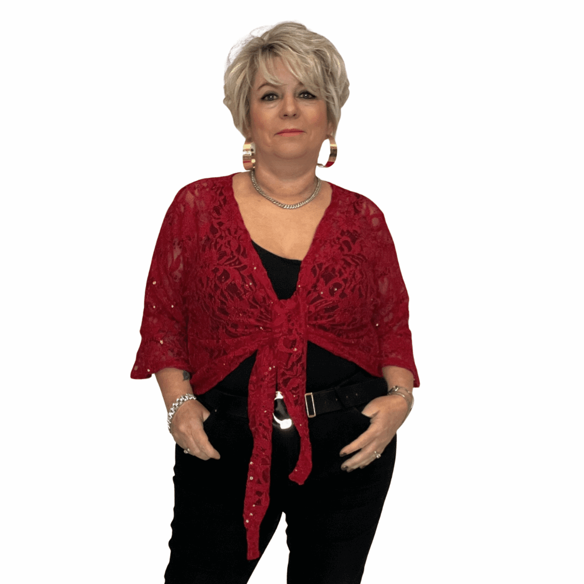 ROCKTHOSECURVES SEQUIN LACE 1/2 BELL SLEEVE TIE FRONT SHRUG / BOLERO JACKET - FullFab