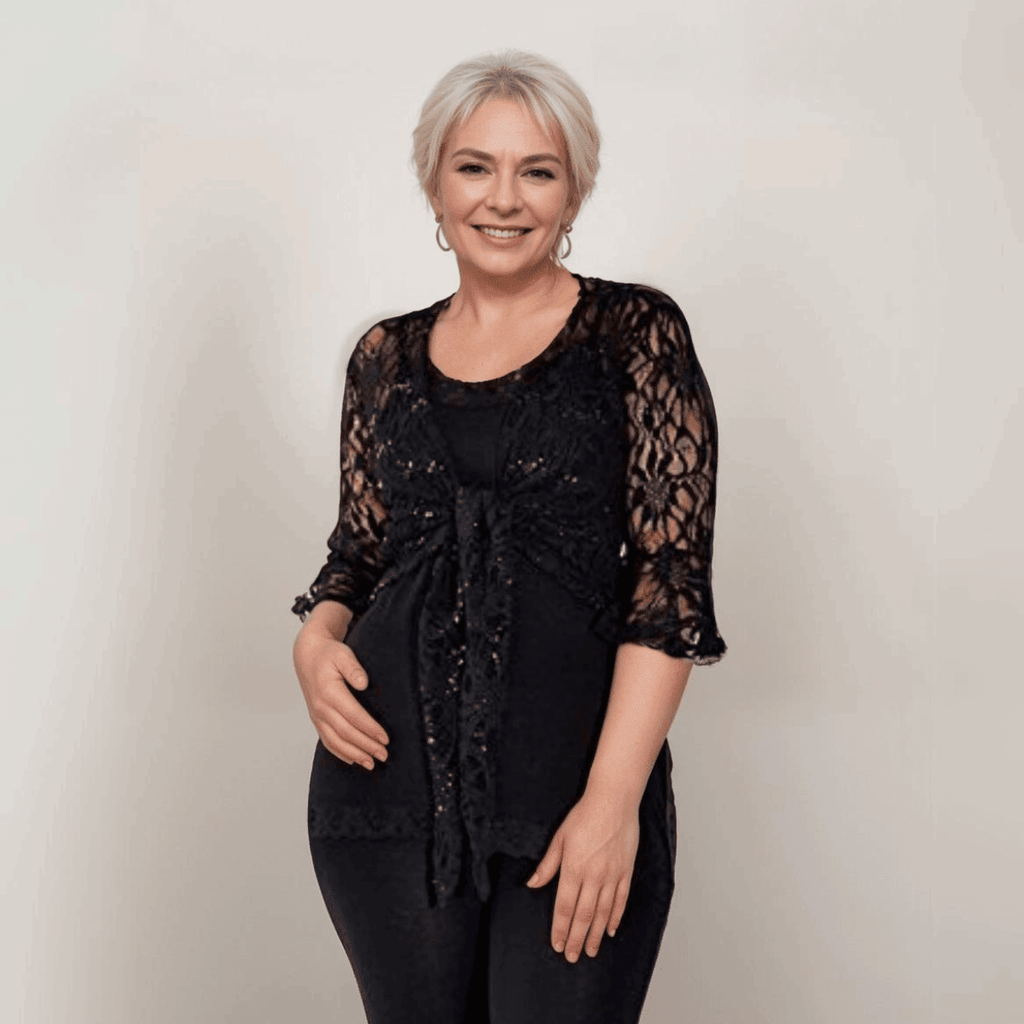 ROCKTHOSECURVES SEQUIN LACE 1/2 BELL SLEEVE TIE FRONT SHRUG / BOLERO JACKET - FullFab