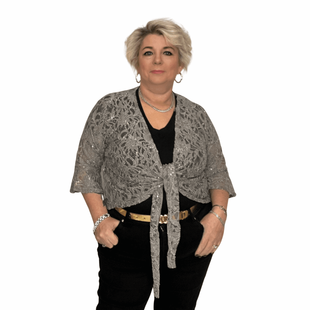 ROCKTHOSECURVES SEQUIN LACE 1/2 BELL SLEEVE TIE FRONT SHRUG / BOLERO JACKET - FullFab
