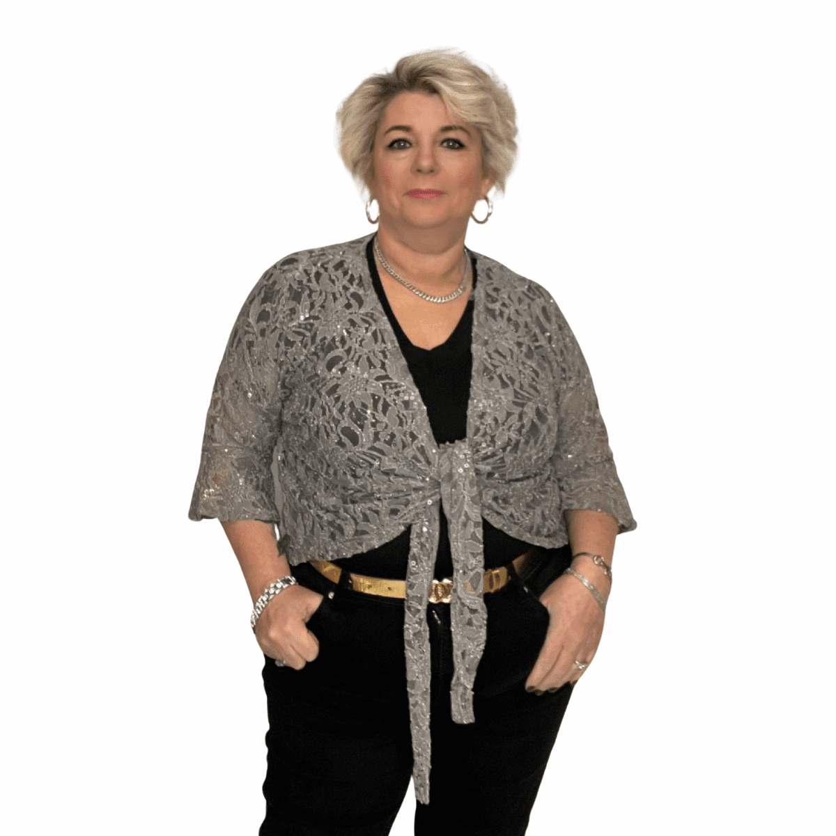 ROCKTHOSECURVES SEQUIN LACE 1/2 BELL SLEEVE TIE FRONT SHRUG / BOLERO JACKET - FullFab