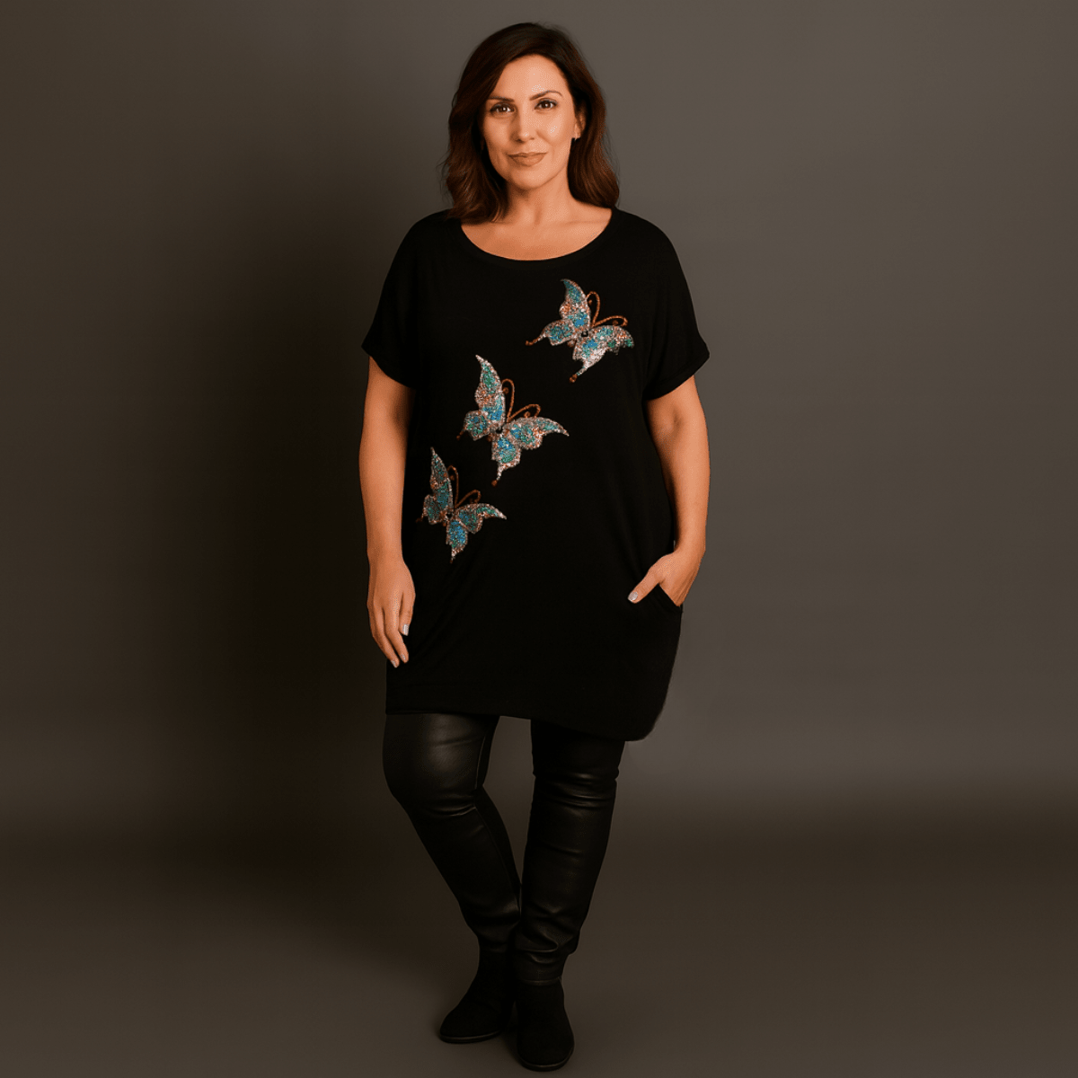 Sequin Butterfly Dipped Hem Top with Pockets - FullFab