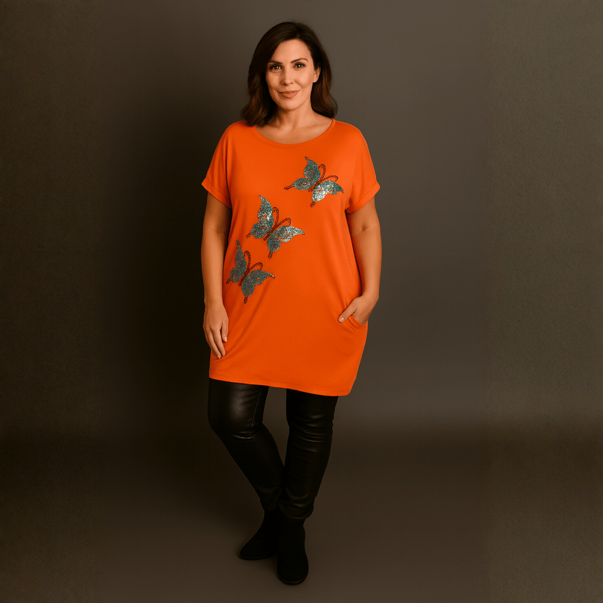 Sequin Butterfly Dipped Hem Top with Pockets - FullFab