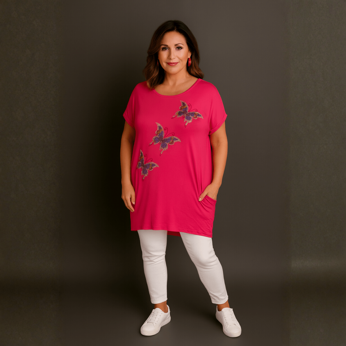 Sequin Butterfly Dipped Hem Top with Pockets - FullFab