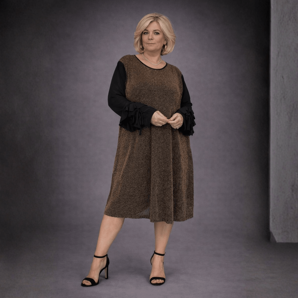Sparkly Swing Dress with Chiffon Frilled Sleeves - FullFab