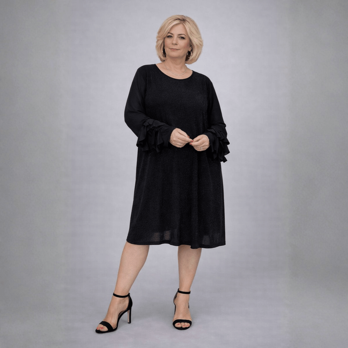 Sparkly Swing Dress with Chiffon Frilled Sleeves - FullFab