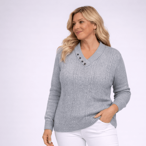 Button V Neck Cable Knit Jumper - FullFab
