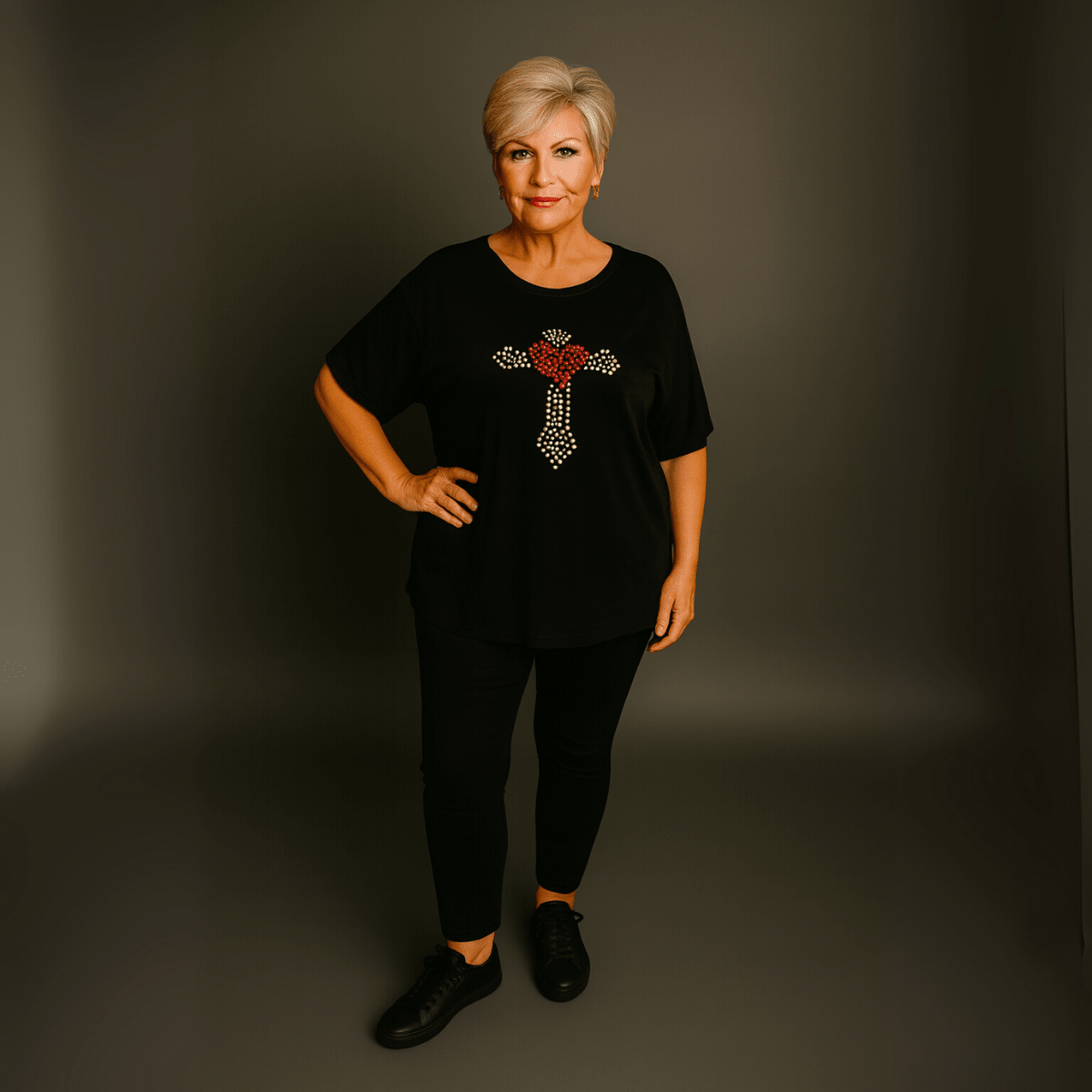 Soft Stretchy Short Sleeve Cross Studded Top - FullFab