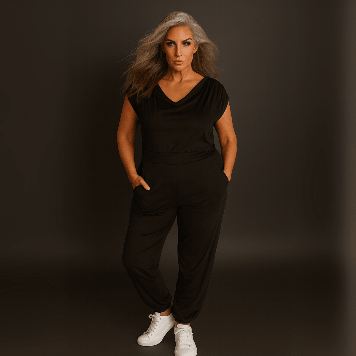 Soft Suedette Cowl Neck Jumpsuit with Pockets - FullFab