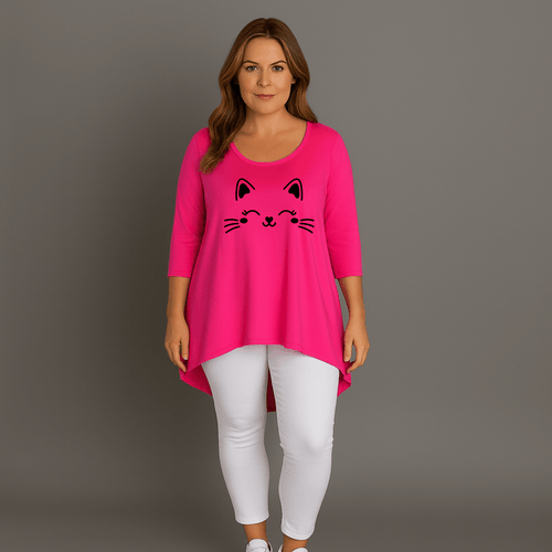 Cat Face 3/4 Sleeve Dipped Hem Top - FullFab