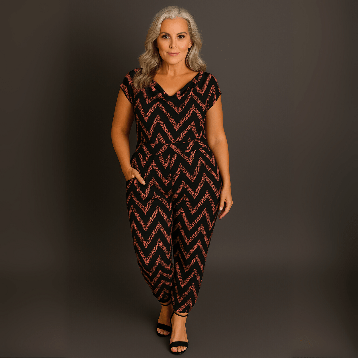Zig Zag Print Cowl Neck Jumpsuit - FullFab