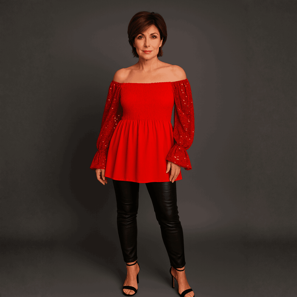 Sequin Sleeve Smocked Front Peplum Party Top - FullFab