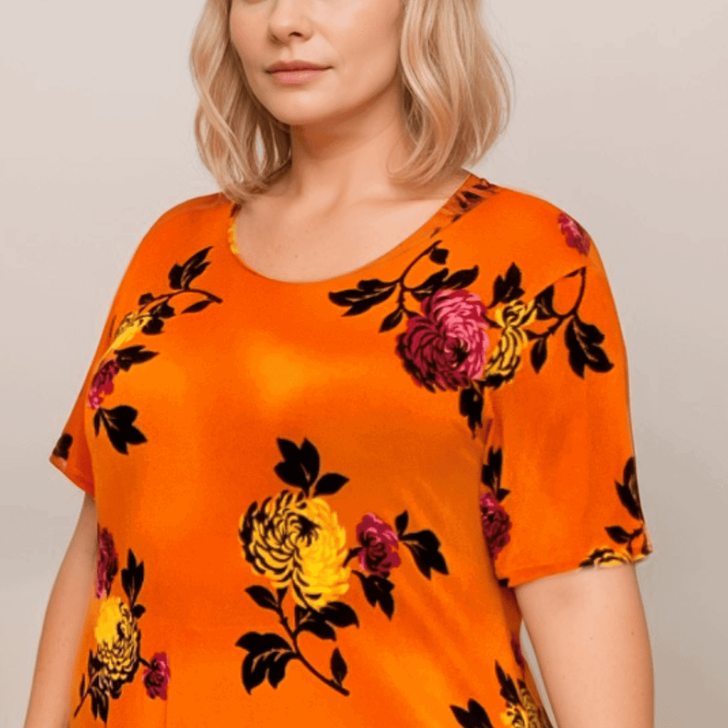 SHORT SLEEVE BRIGHT PEONY PRINT SWING TOP - FullFab