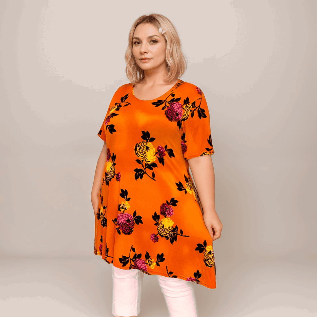 SHORT SLEEVE BRIGHT PEONY PRINT SWING TOP - FullFab