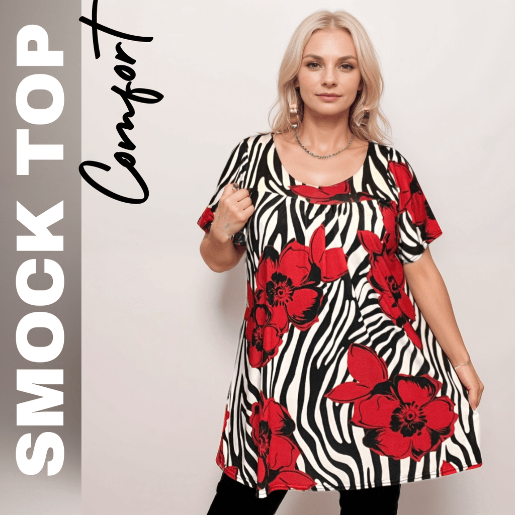 ROCKTHOSECURVES RED WHITE BLACK SWIRL SHORT SLEEVE A-LINE SMOCK TOP - FullFab
