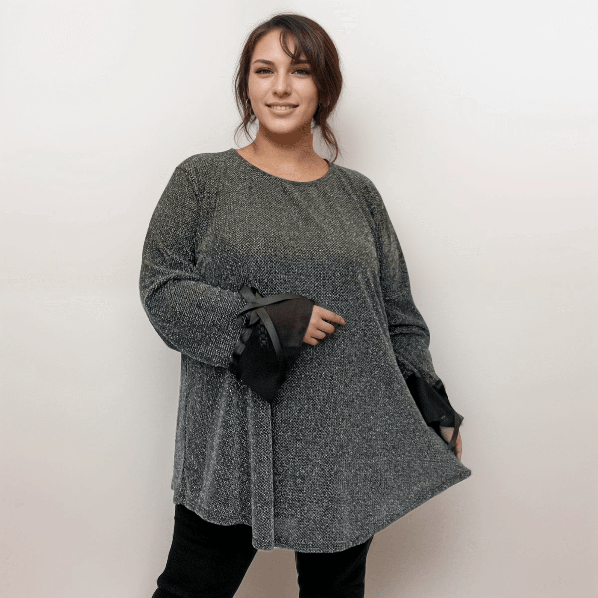 Sparkly Black Tunic with Bell Sleeves, perfect for casual outings.