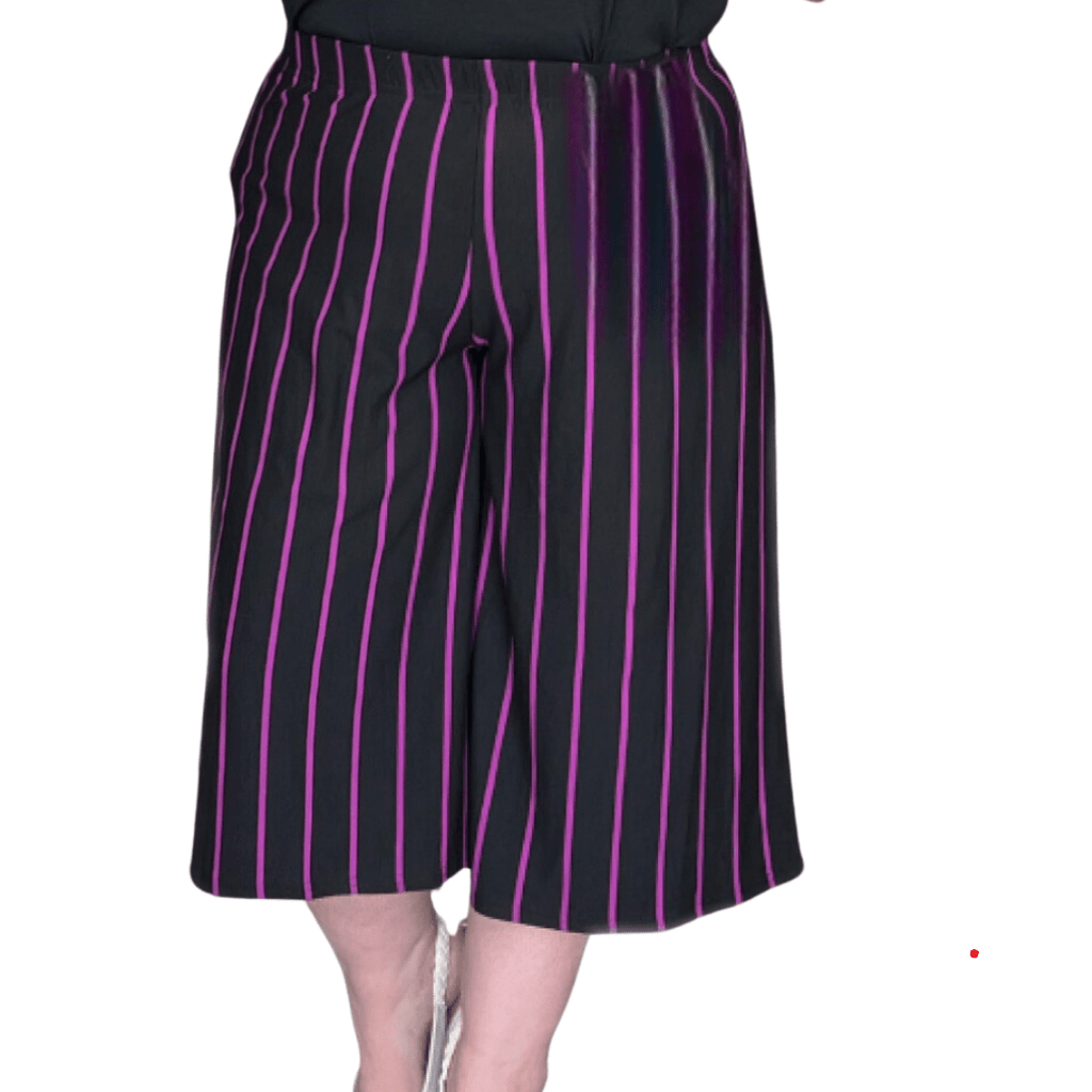 Striped Culottes featuring bold black and purple vertical stripes for a stylish look.