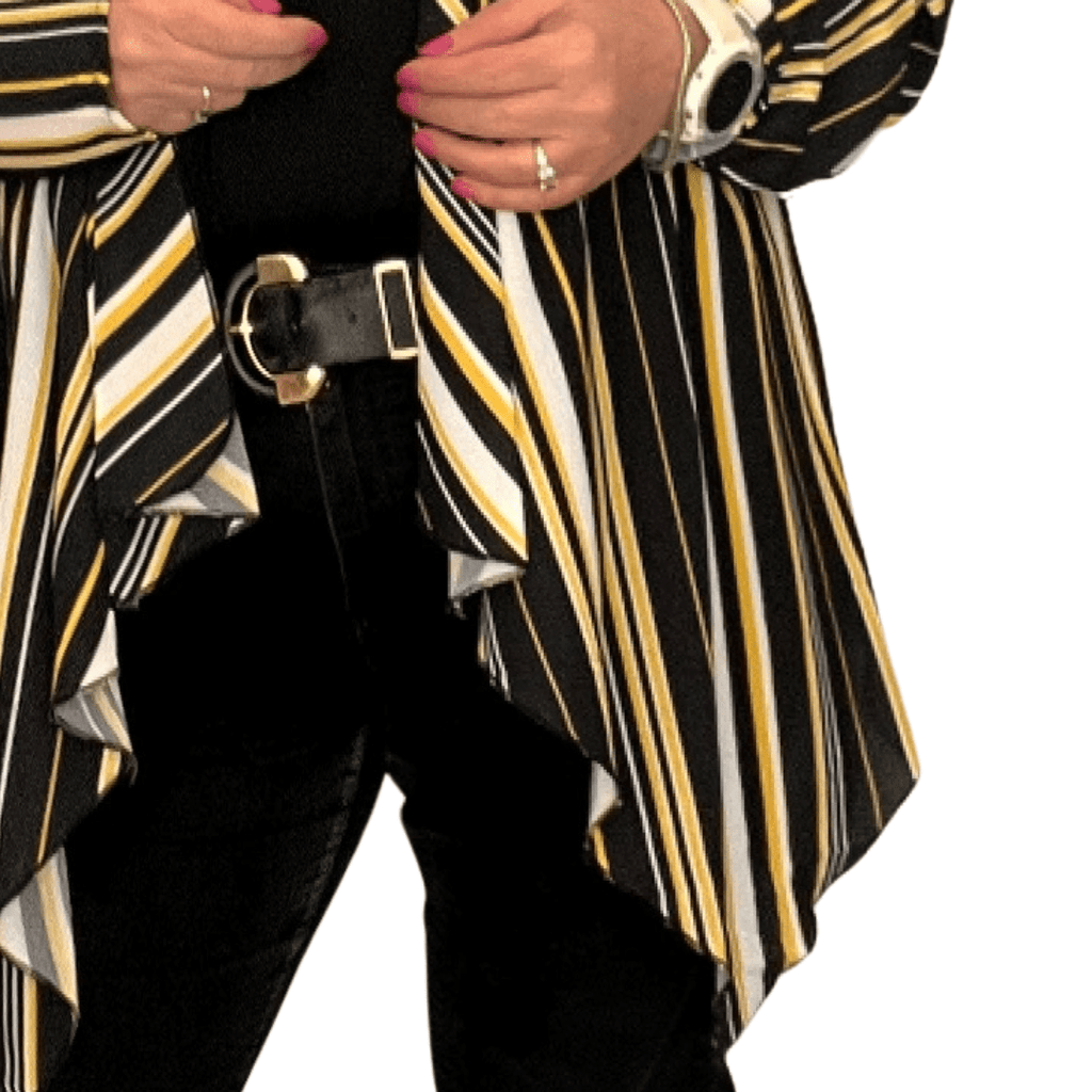 Striped Kimono Jacket featuring black, yellow, and white stripes with a stylish draped design.