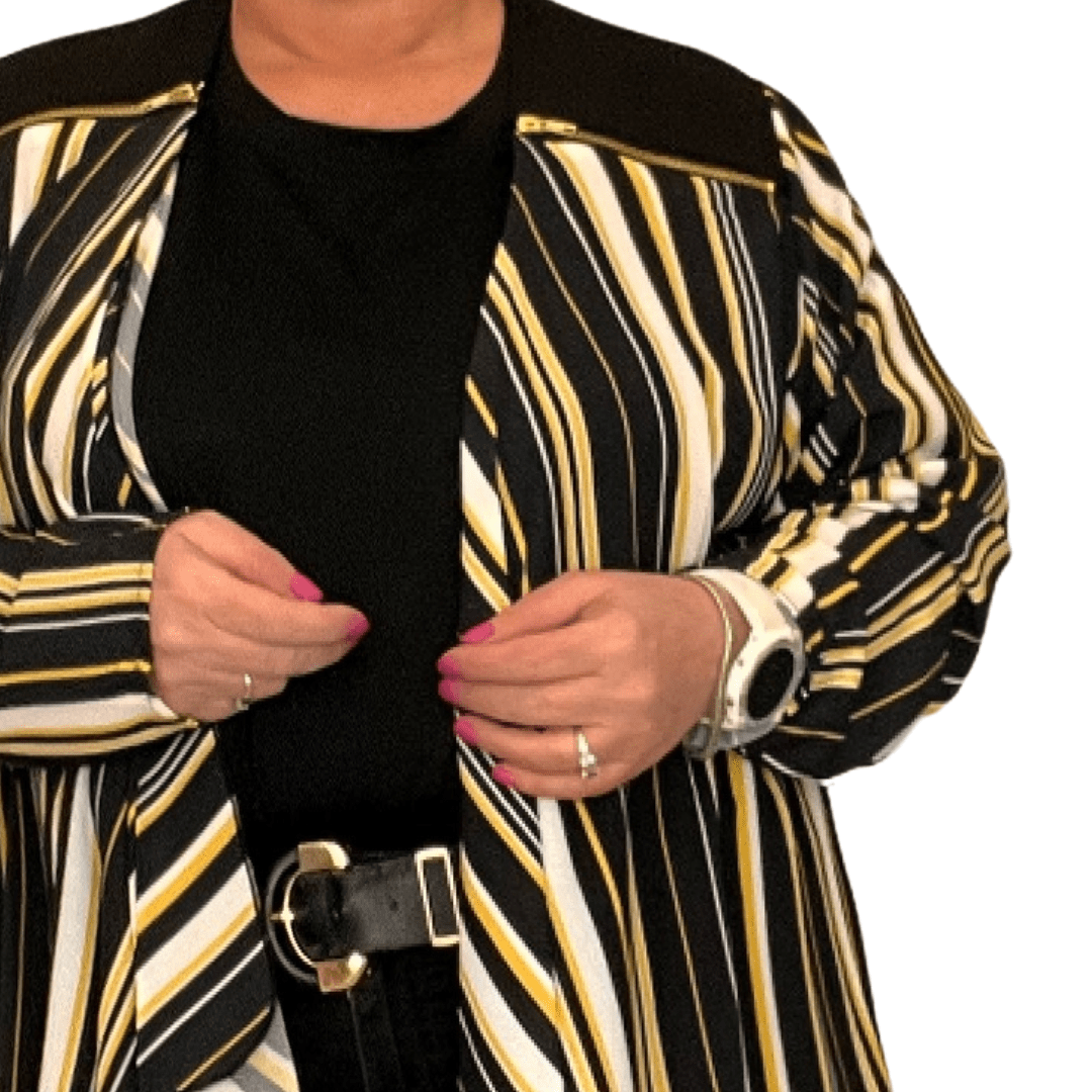 Striped Oversized Blazer featuring black and yellow stripes with a relaxed fit.