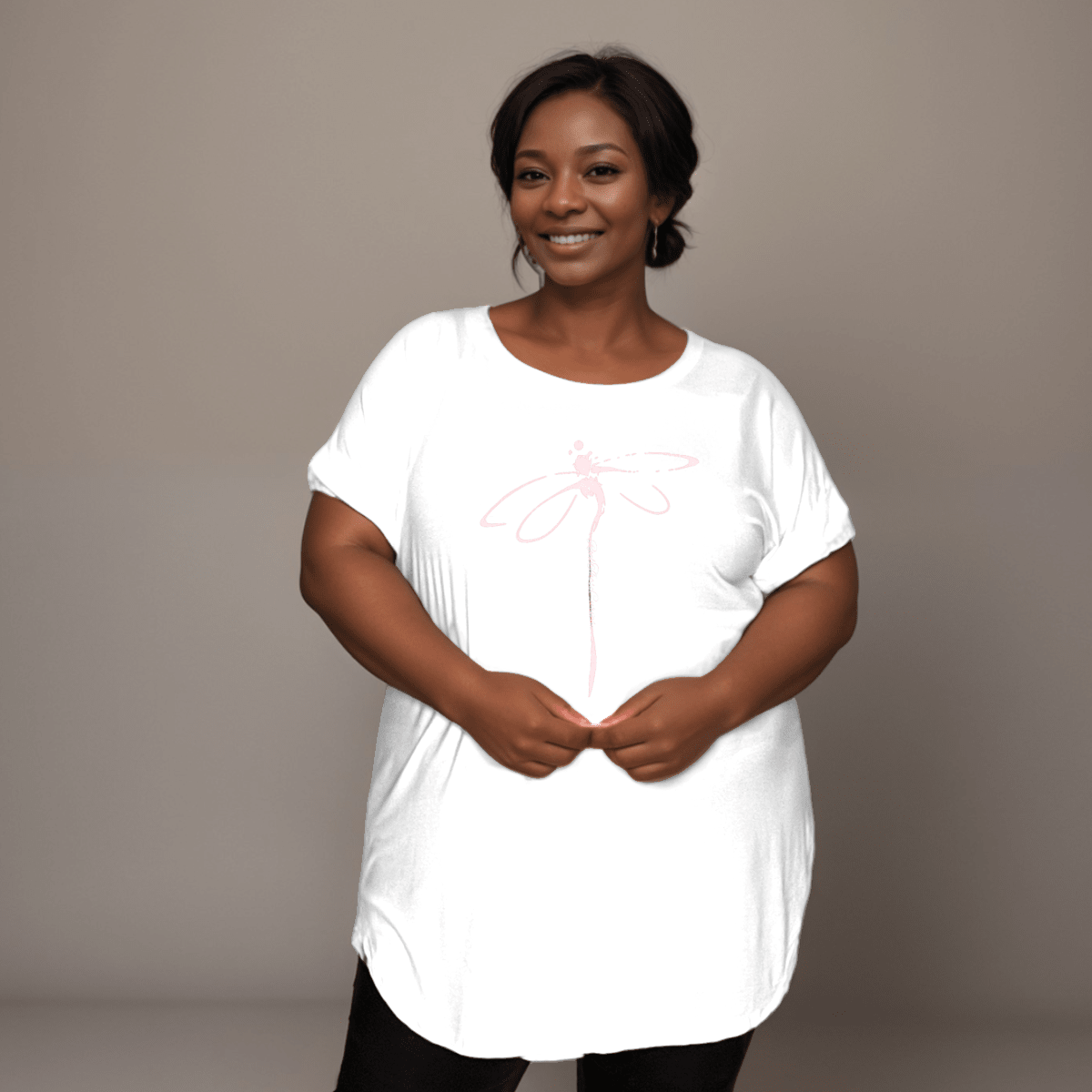 Plus‑Size Coloured Dragonfly Short Sleeve Dipped Hem T‑Shirt - FullFab