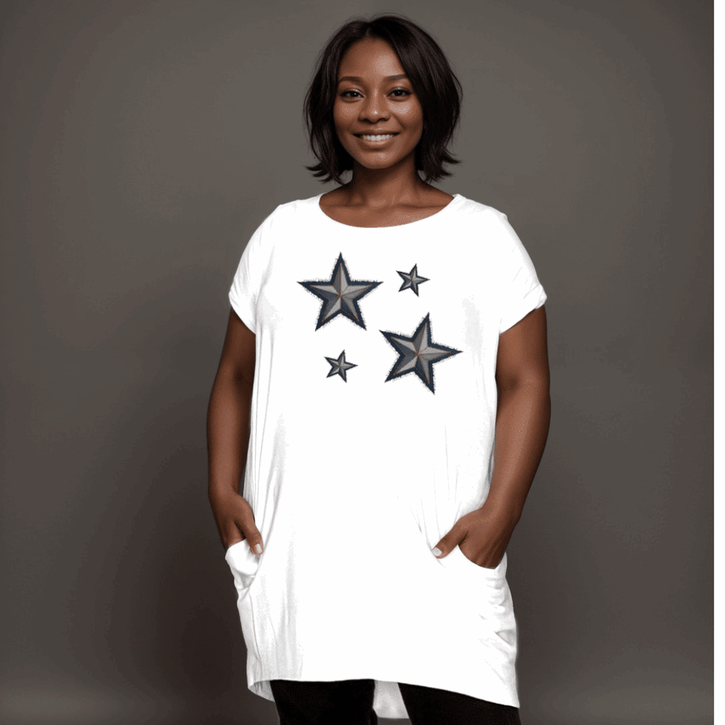 WHITE LONG POCKET T-SHIRT WITH DENIM EFFECT STARS - FullFab